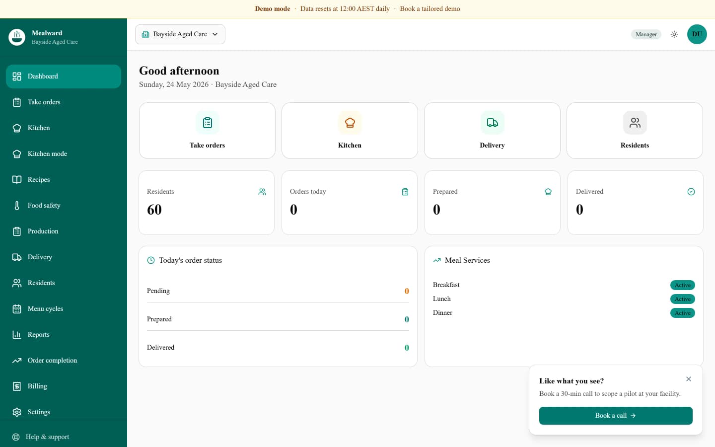 Mealward dashboard showing daily order status and meal services for a facility