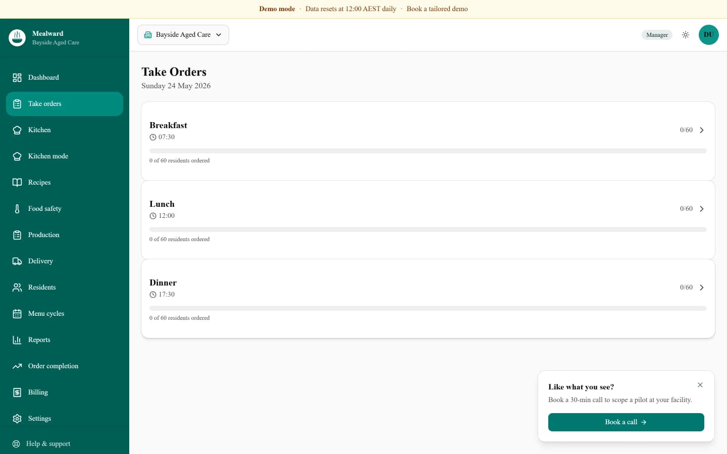 Mealward order-taking screen with residents grouped by wing, texture tags, and meal-option buttons